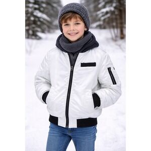 Southpole Boys Shiny White Bomber Jacket‎ Black Trim Size M 10/12